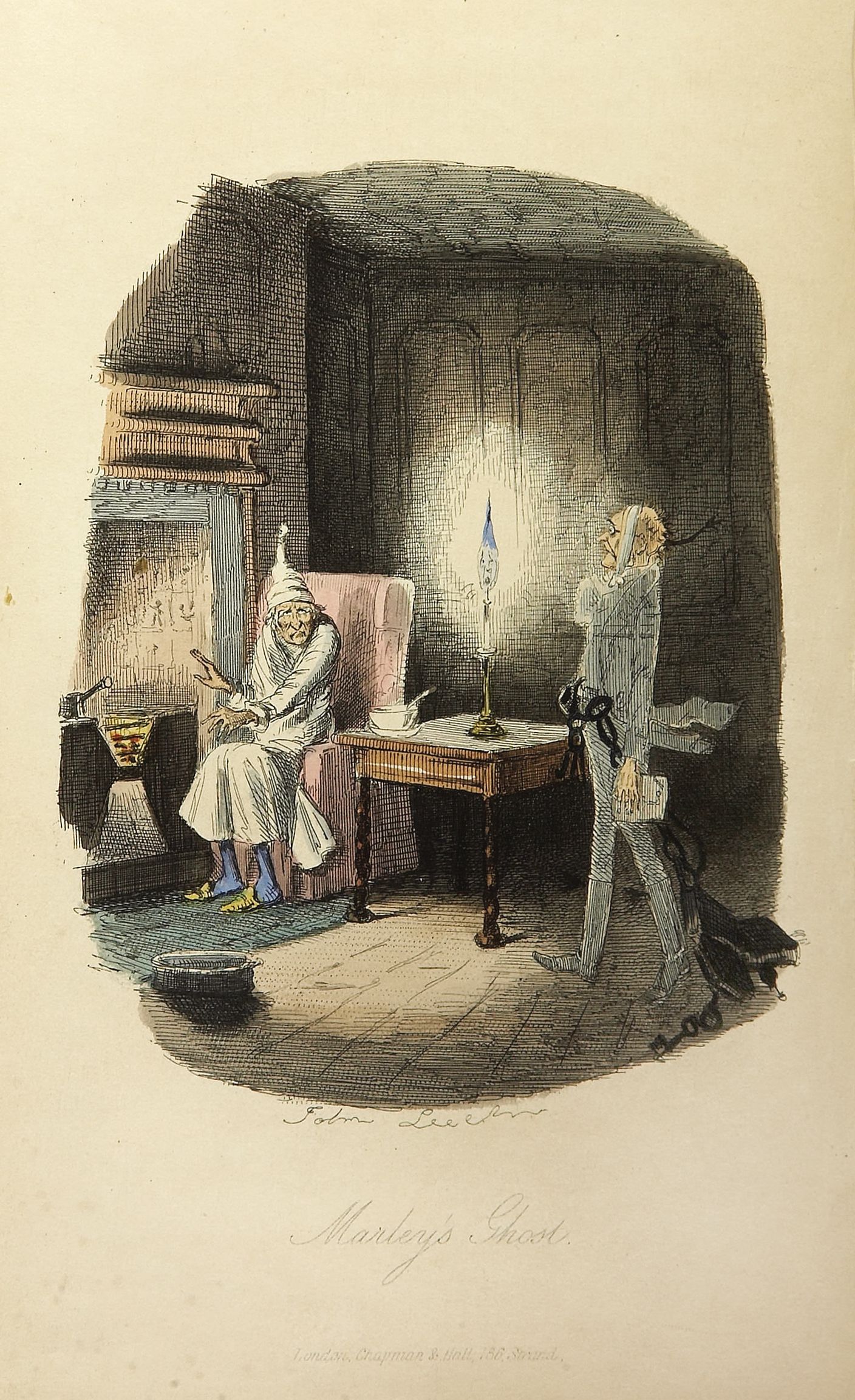 Ebenezer Scrooge confronted by Marley's ghost, John Leech, 1843